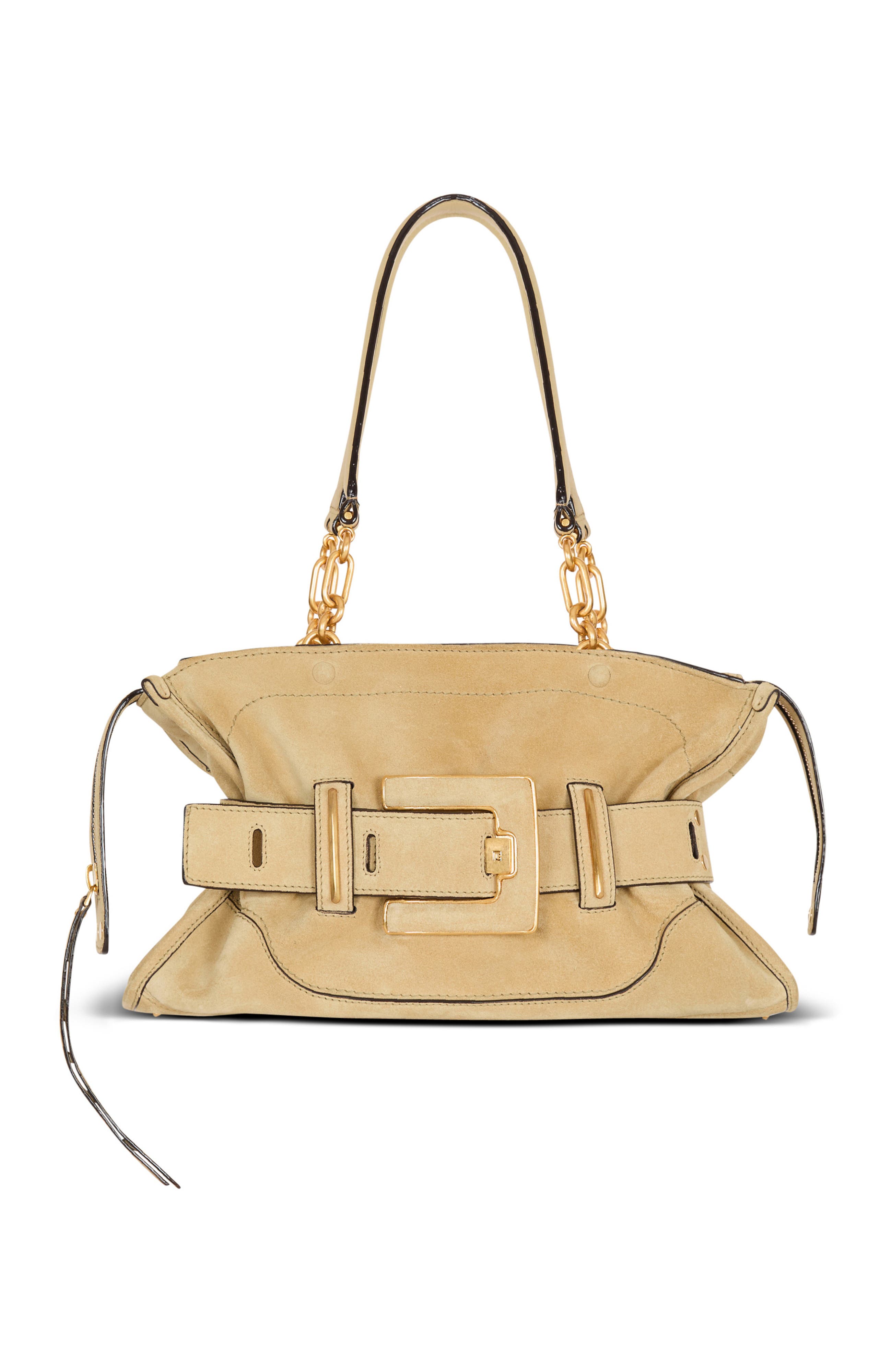 Balmain Suede Anthem bag, Main, color, Beige
