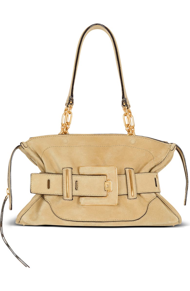 Balmain Suede Anthem bag, Main, color, Beige