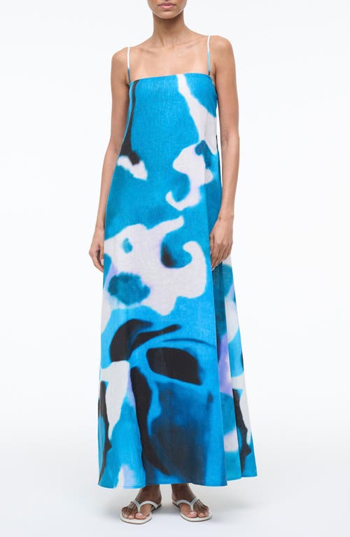 STAUD Laura Print Linen Maxi Dress in Blue Haze at Nordstrom, Size Small