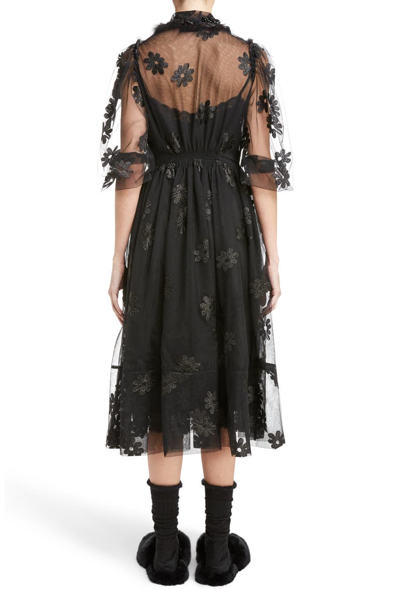 Teddy Floral Embroidered Tulle Dress with Feather and Faux Fur Trim, Alternate, color, BLACK BLACK