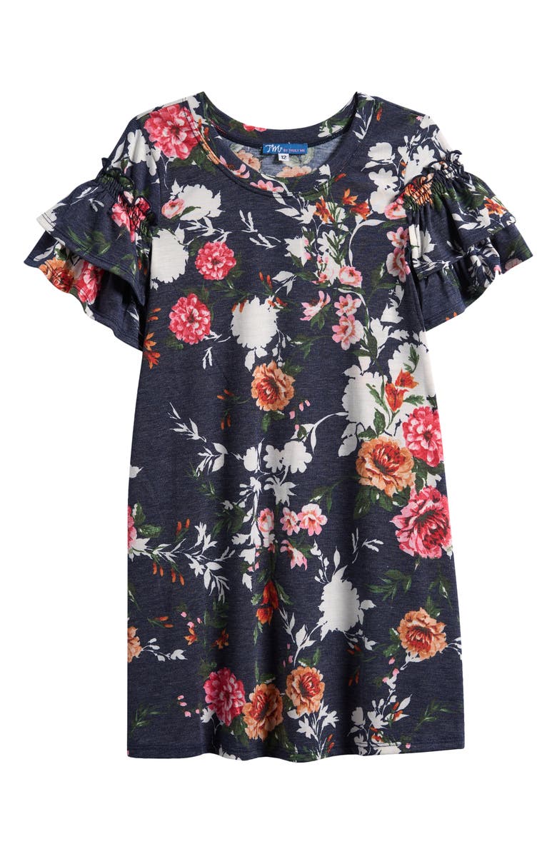 Truly Me Kids' Floral Ruffle Sleeve Dress, Main, color, Blue Multi