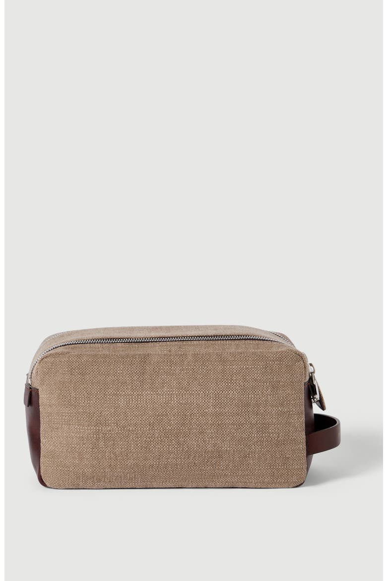 Water-resistant canvas and burnished calfskin beauty case with double zipper, Alternate, color, Leather
