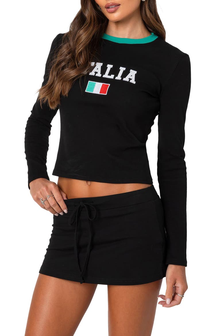 Italy Long Sleeve Crop Graphic T-Shirt, Main, color, BLACK