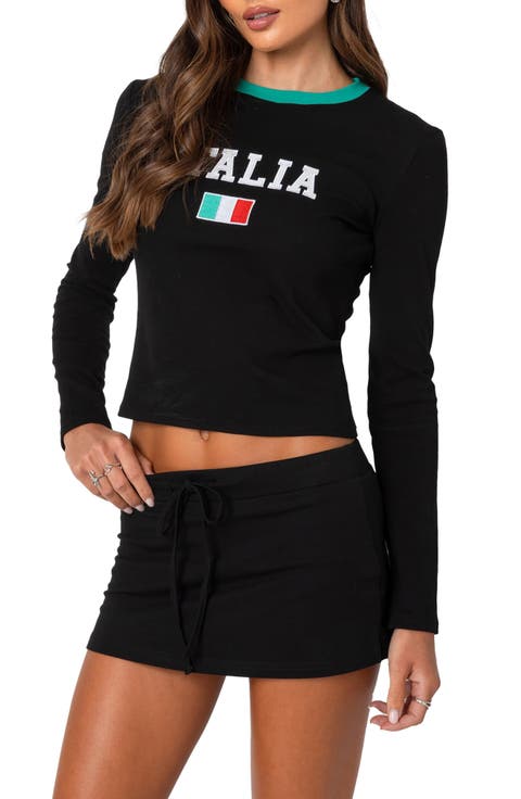 Italy Long Sleeve Crop Graphic T-Shirt