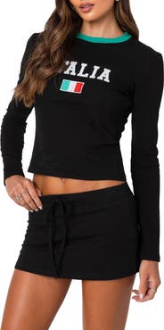 EDIKTED Italy Long Sleeve Crop Graphic T-Shirt