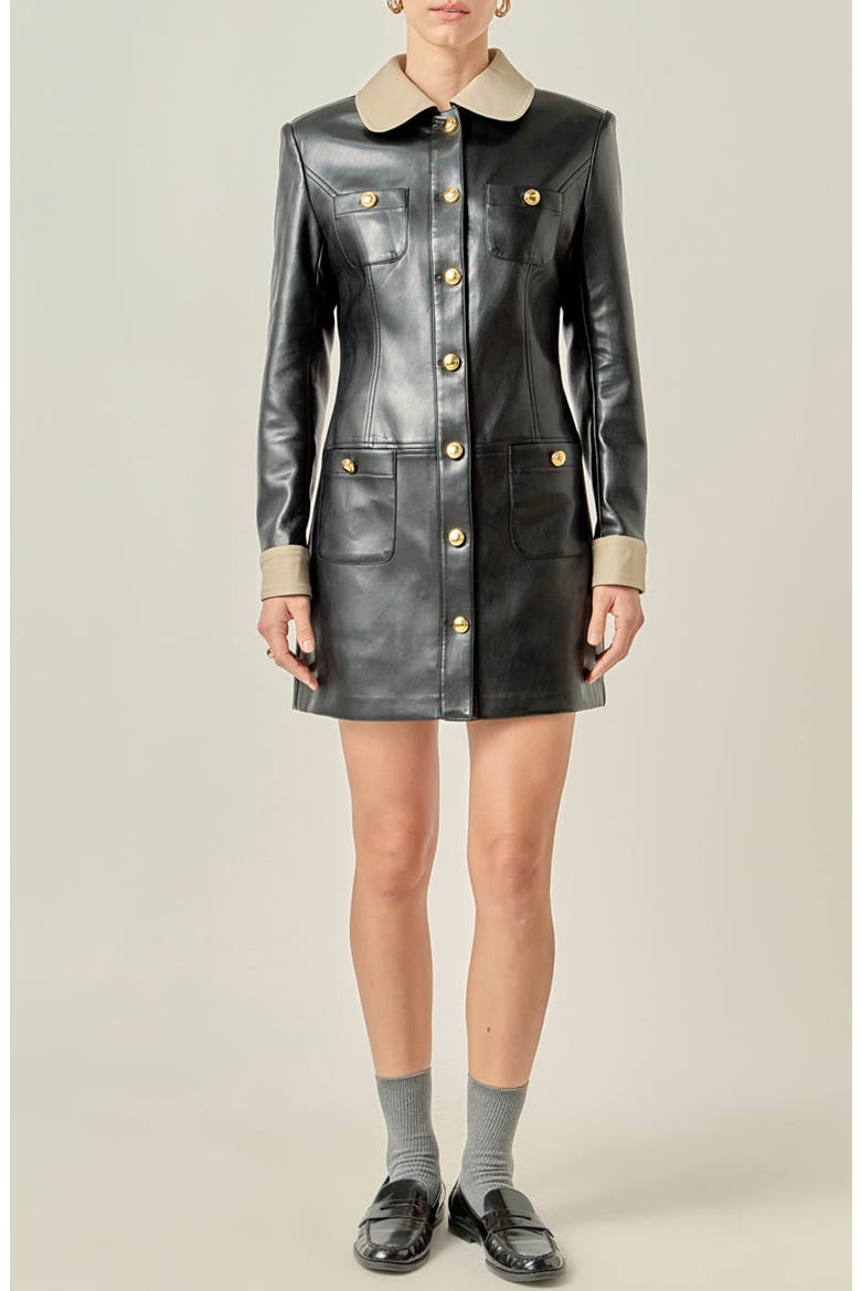 Faux Leather Long Sleeve Minidress, Main, color, BLACK