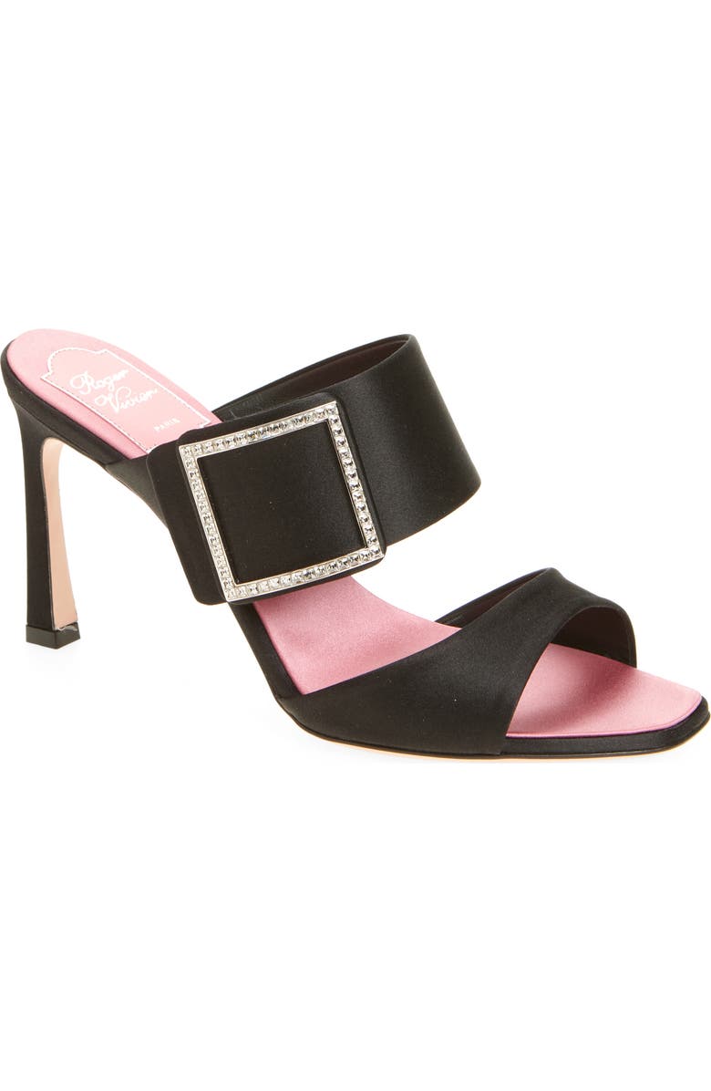 Roger Vivier Trompette Crystal Buckle Satin Sandal, Main, color, Nero