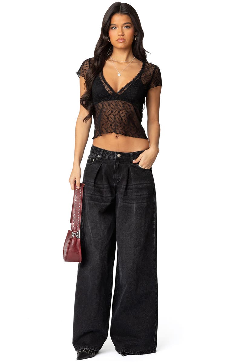 EDIKTED Pleated Low Rise Wide Leg Jeans, Alternate, color, Black