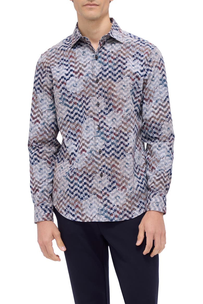 Axel Shaped Fit Floral Chevron Print Stretch Button-Up Shirt, Main, color, CARAMEL