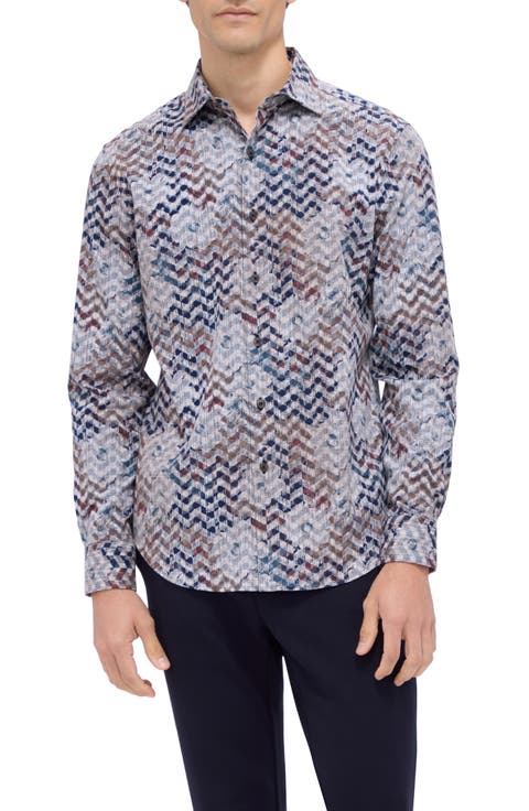 Axel Shaped Fit Floral Chevron Print Stretch Button-Up Shirt