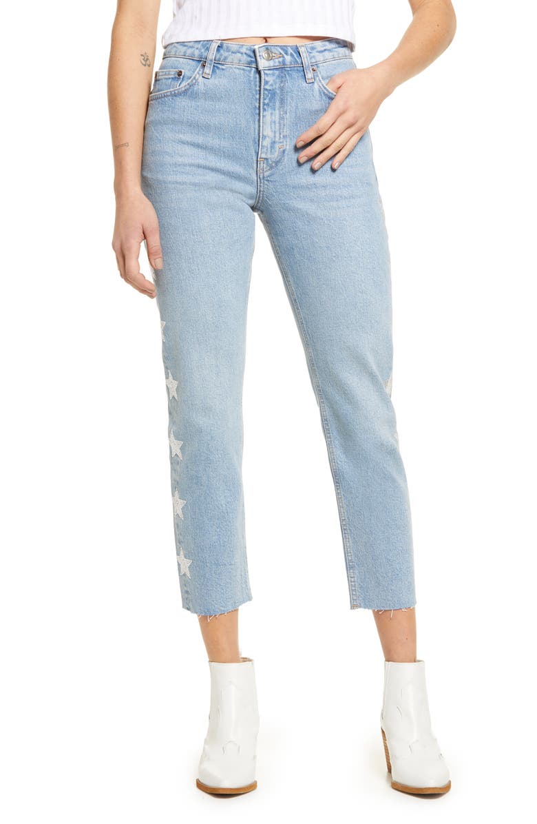 Topshop Bleach Diamante Star Straight Leg Jeans, Main, color, 