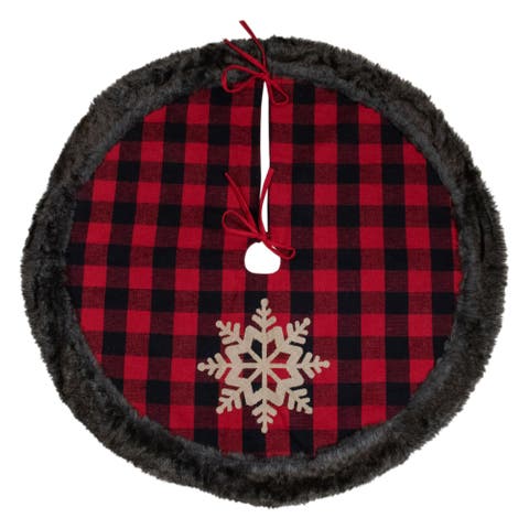 48-Inch Red and Black Christmas Tree Skirt with Burlap Snowflake