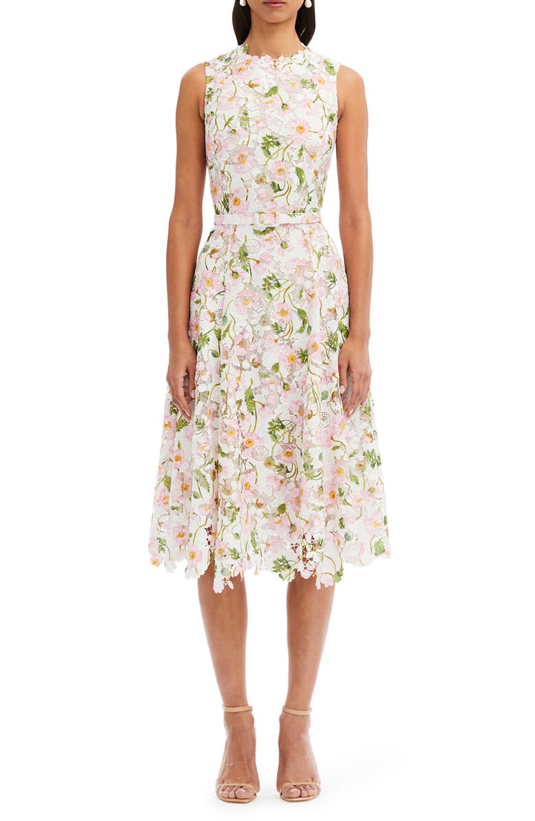 Oscar de la Renta Poppy Print Belted Guipure Lace Midi Dress, Main, color,