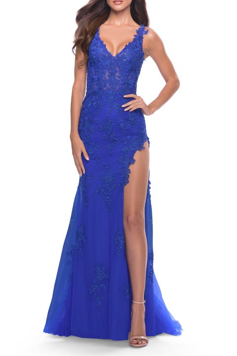 Lace Dress with High Side Slit and V Neckline