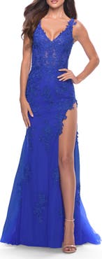 La Femme Lace Dress with High Side Slit and V Neckline