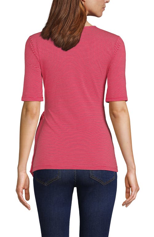 Lands' End Elbow Sleeve Lightweight Jersey Side Tie Blouse In Berry Rouge Tiny Stripe
