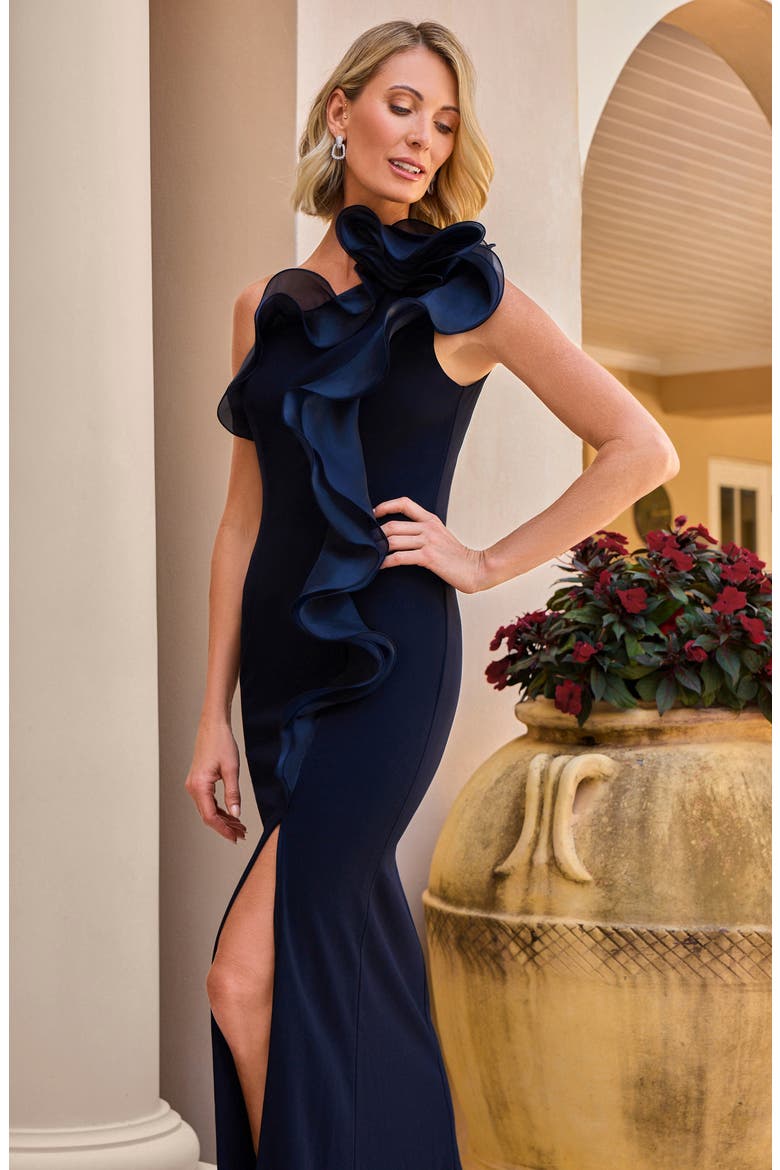 Organza Ruffle One-Shoulder Scuba Crepe Gown, Alternate, color, NAVY/ NAVY