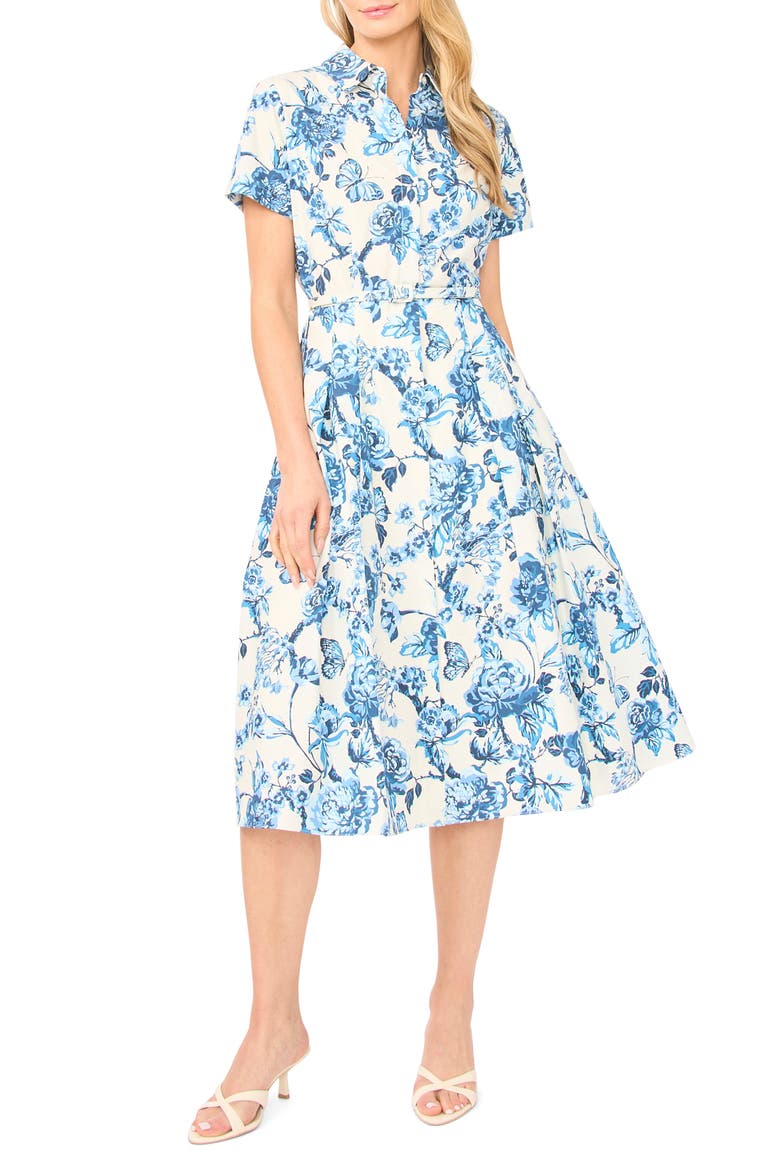Rory Floral Short Sleeve Cotton Midi Shirtdress, Main, color, VANILLA ICE