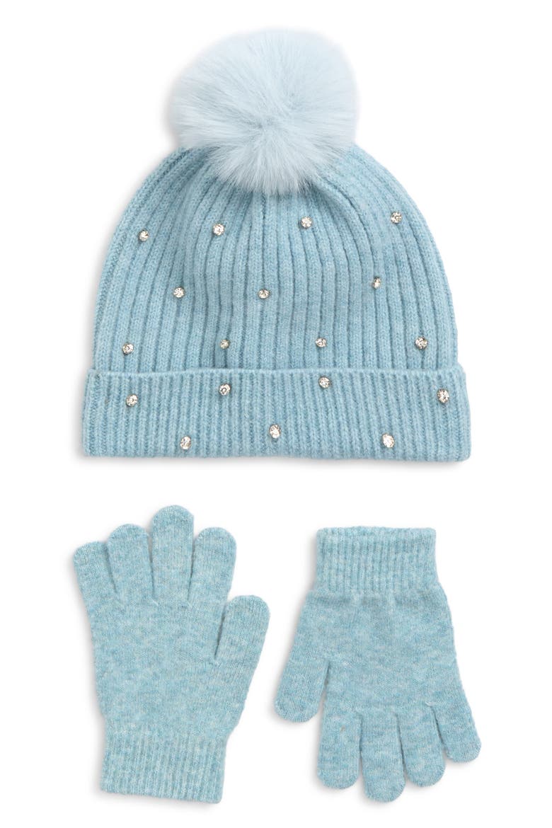 Kids' Crystal Embellished Rib Pompom Beanie & Gloves Set, Main, color, BLUE