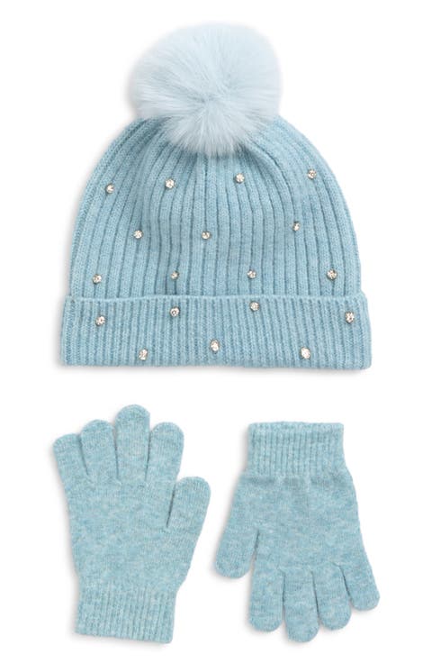 Kids' Crystal Embellished Rib Pompom Beanie & Gloves Set