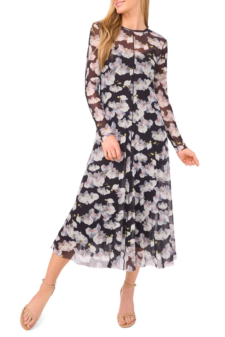 Floral Long Sleeve Mesh Dress, Main, color, RICH BLACK