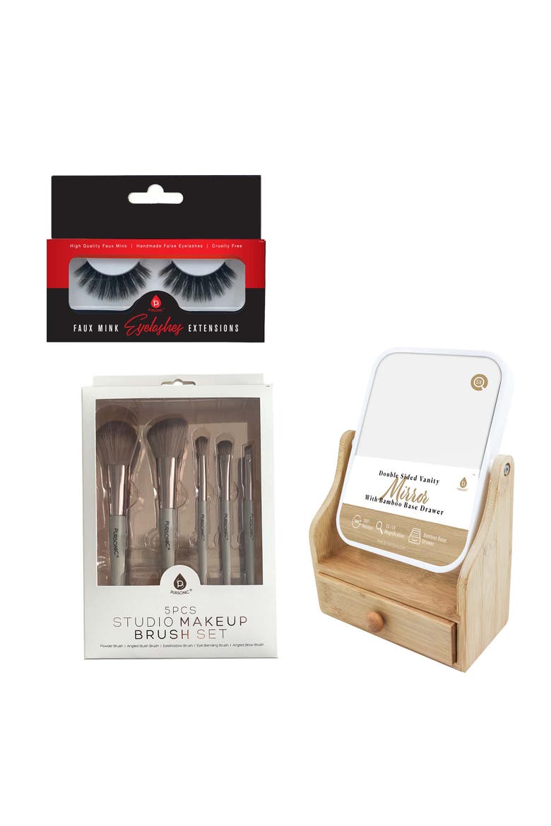 5pc Studio Makeup Brush Set + False Eyelashes Extensions + Dual-Sided Vanity Mirror, Main, color, Beige