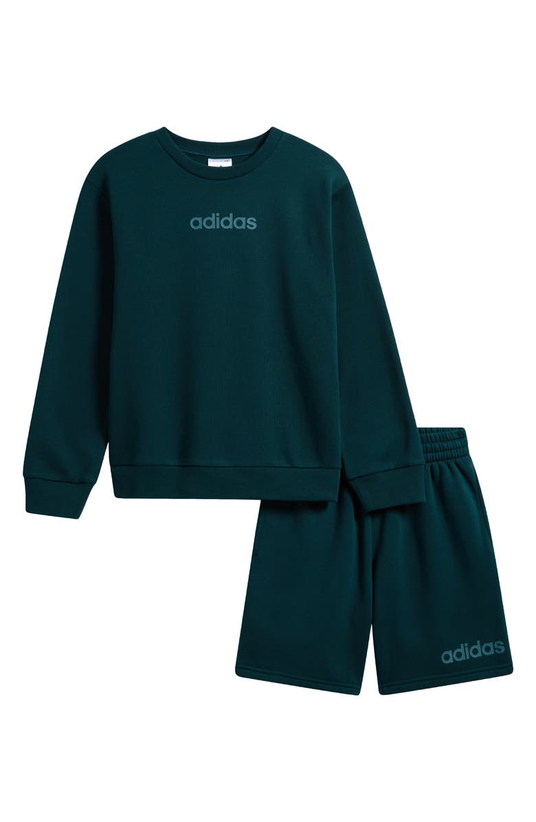 adidas Kids' Fleece Pullover Sweater & Shorts Set, Main, color, Dark Green