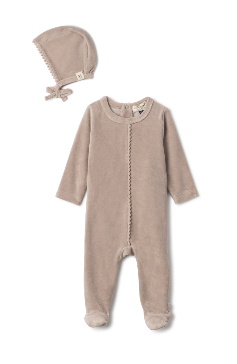 Bebe Bella Girl Velour Pompom Romper, Main, color, Bege