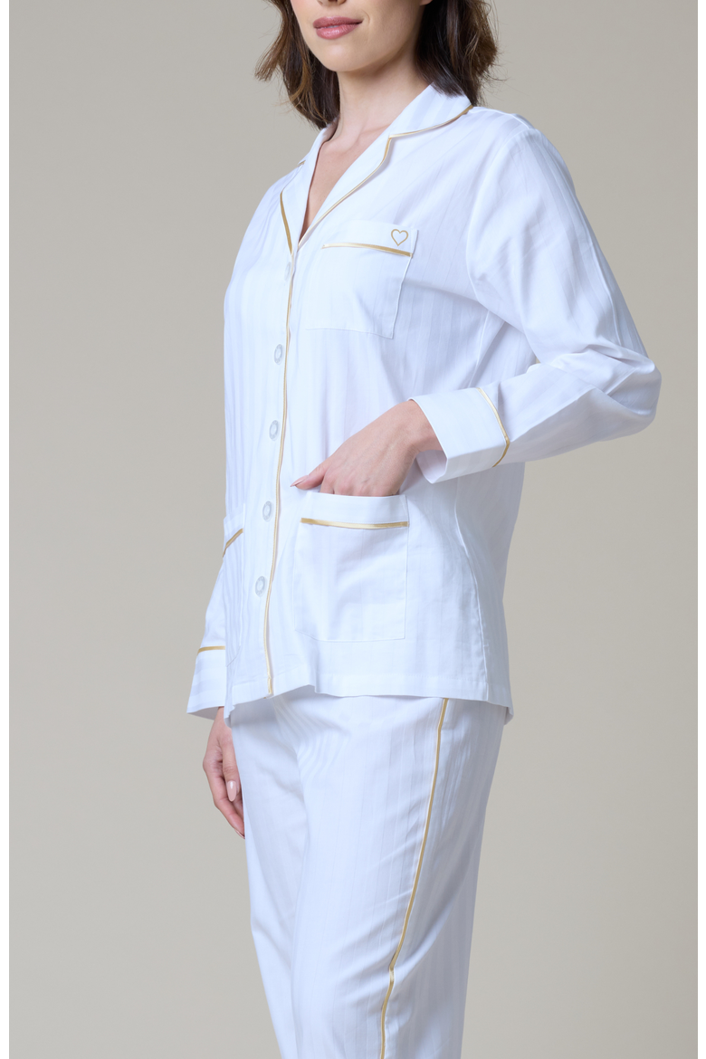 Heart Embroidered Cotton Long Pajama Set, Alternate, color, Lily White