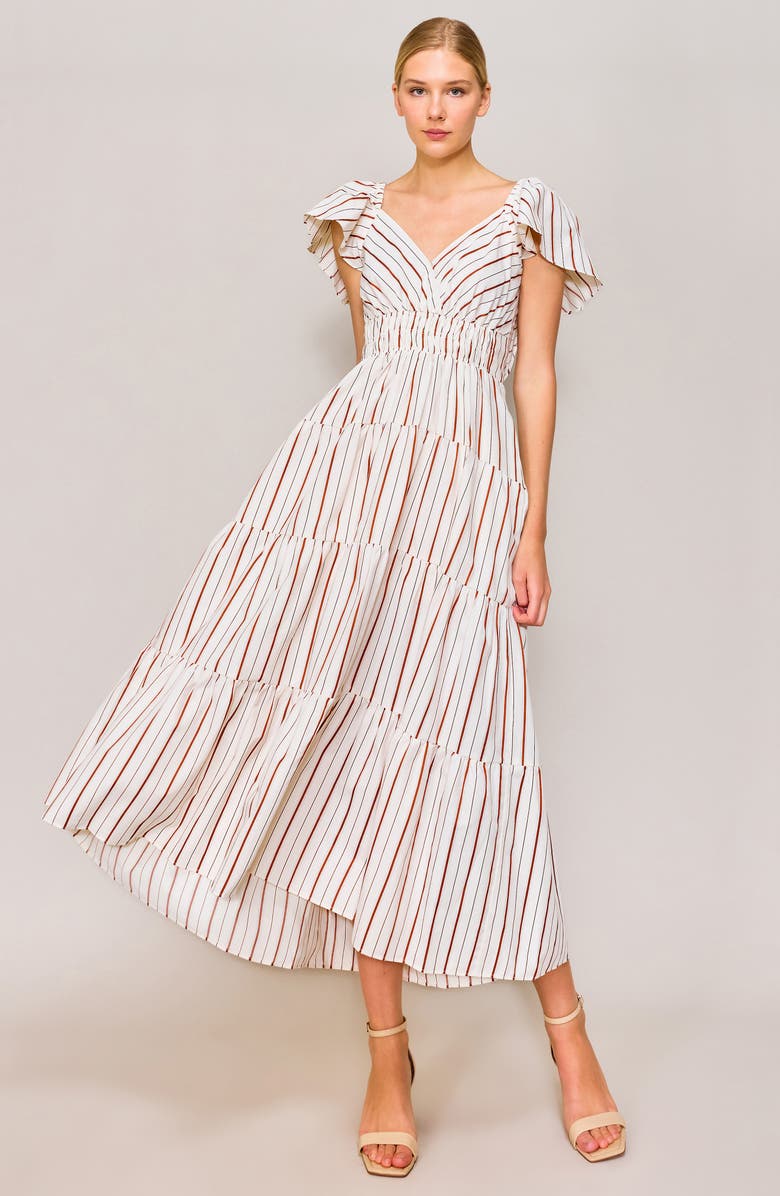 MELLODAY Stripe Flutter Sleeve Maxi Dress, Alternate, color, Ivory/ Rust Stripe