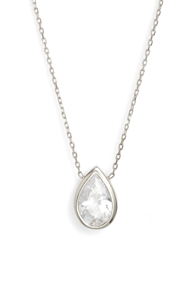 Pear Cubic Zirconia Bezel Pendant Necklace, Main, color, SILVER/ WHITE