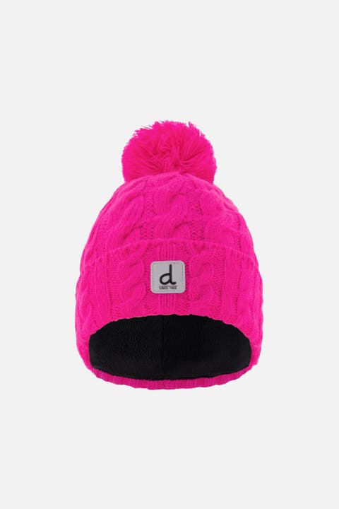 Cable Texture Fleece-Lined Folded Cuff Knit Hat with Pompom
