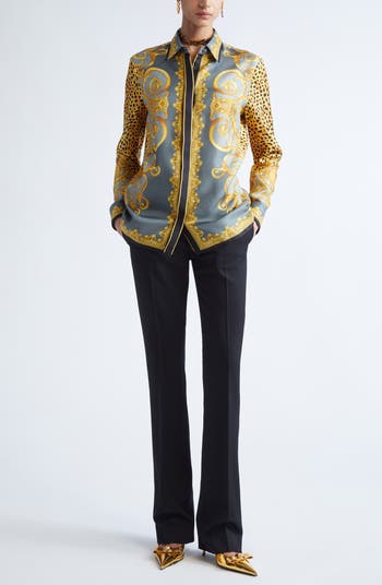Versace Formal Cheetah Barocco Print Silk Button-Up Shirt