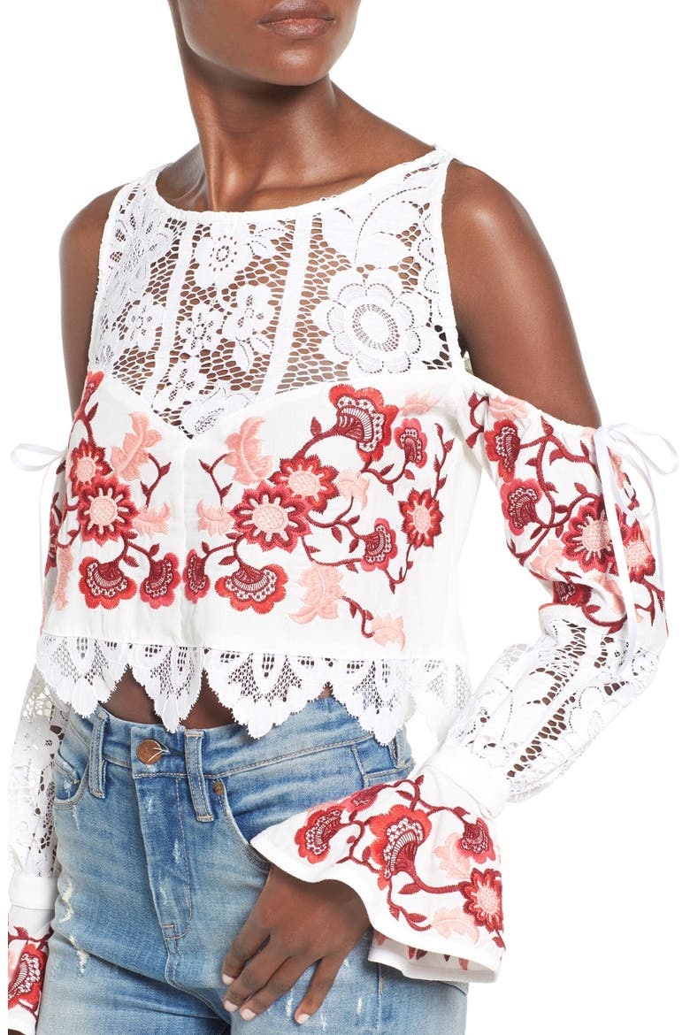 'Cecelia' Cold Shoulder Crop Top, Alternate, color, WHITE
