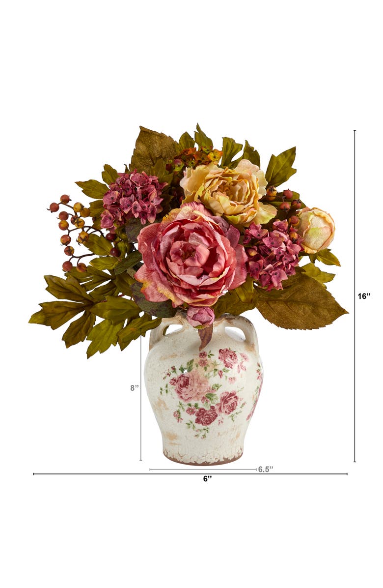 NEARLY NATURAL 16-in Peony Artificial Arrangement in Flower Print Jar, Alternate, color, Pink