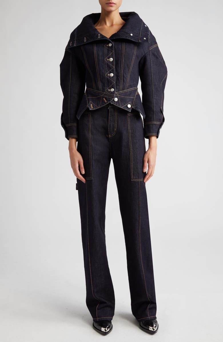 McQueen Funnel Neck Denim Jacket, Alternate, color,