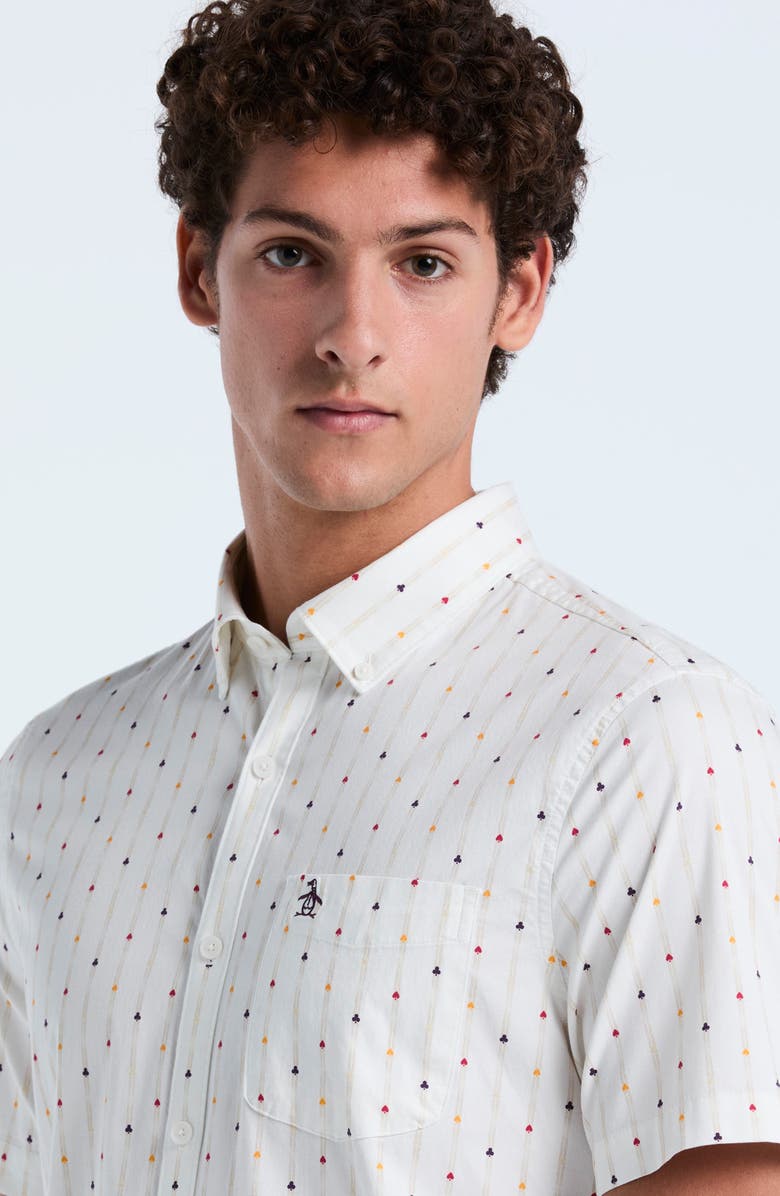 Original Penguin Short Sleeve Cotton Blend Twill Button-Down Shirt, Alternate, color, Bright White