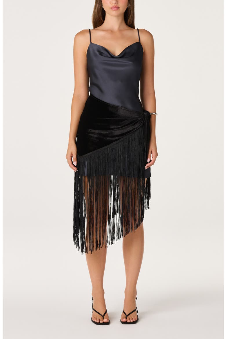 Manon Cowl Neck Velvet Fringe Hem Dress, Main, color, SLATE GREY