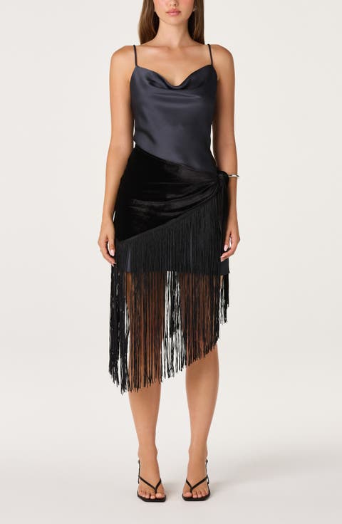 Manon Cowl Neck Velvet Fringe Hem Dress