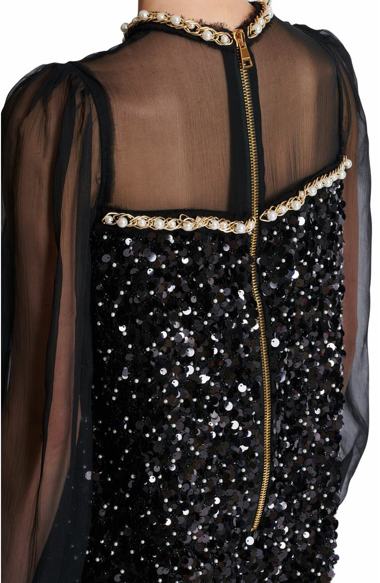 Balmain Chiffon And Beaded Sequin Dress, Alternate, color, Black