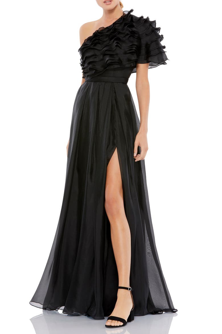 Ruffle Layered One Shoulder Gown, Main, color, BLACK