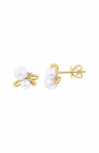 14K Yellow Gold Diamond & Freshwater Pearl Stud Earrings