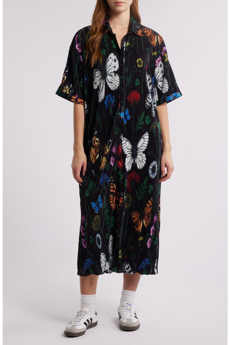 So Far So Good Print Plissé Satin Shirtdress, Main, color, FOLKLORE