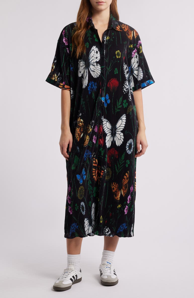 Dressed in Lala So Far So Good Print Plissé Satin Shirtdress, Main, color,