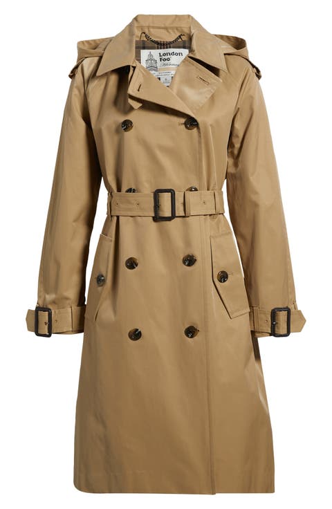 Water Resistant Double Breasted Trench Coat with Removable Hood