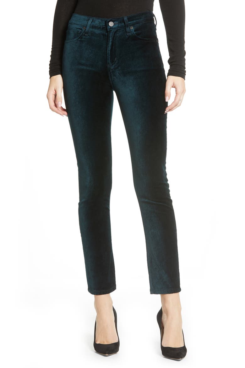 Harlow Ankle Slim Velvet Pants, Main, color, MIDNIGHT GREEN