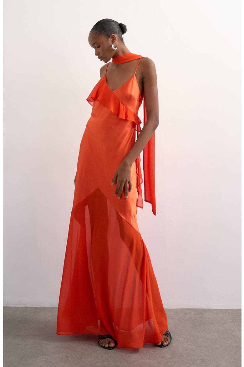Satin & Chiffon Ruffle Maxi Slipdress, Main, color, ORANGE
