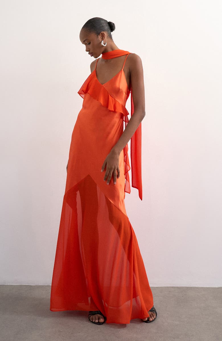 Topshop Satin & Chiffon Ruffle Maxi Slipdress, Main, color, Orange