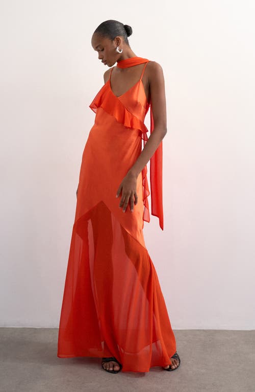 Topshop Satin & Chiffon Ruffle Maxi Slipdress in Orange at Nordstrom, Size 10
