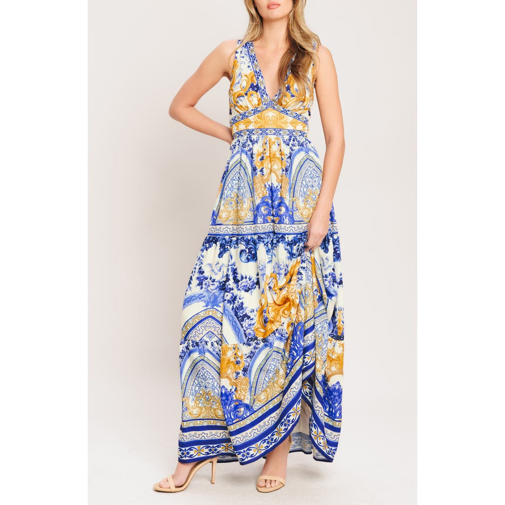FLYING TOMATO Print Maxi Dress in Off White Blue Gold at Nordstrom, Size Medium